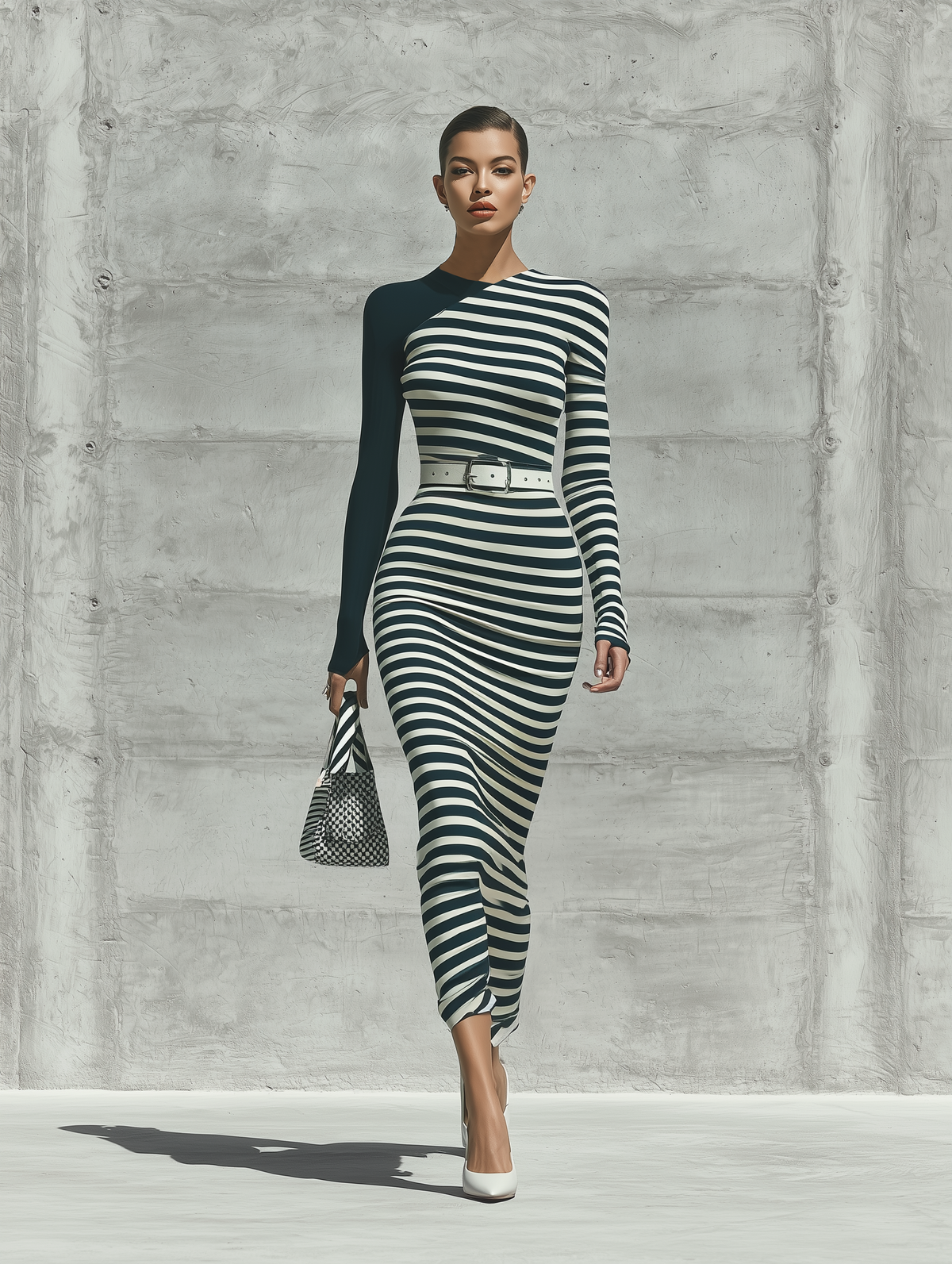 Women's Black And White Horizontal Stripe Color Block Asymmetric Neck Long Sleeve Bodycon Midi Dress (Without Belt) MDZ2406G1YZJ