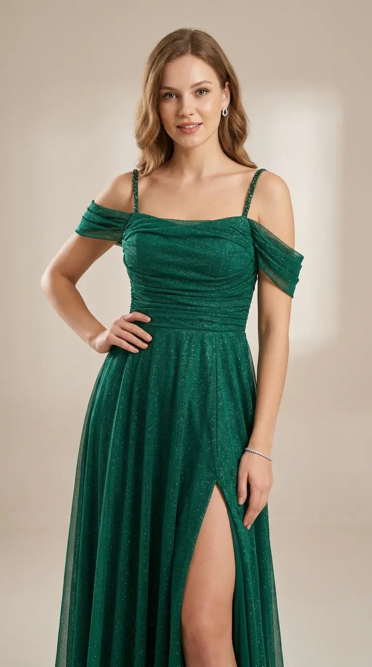 Glitter Mesh Off-the-Shoulder Evening Gown with Beaded Straps and Thigh Slit