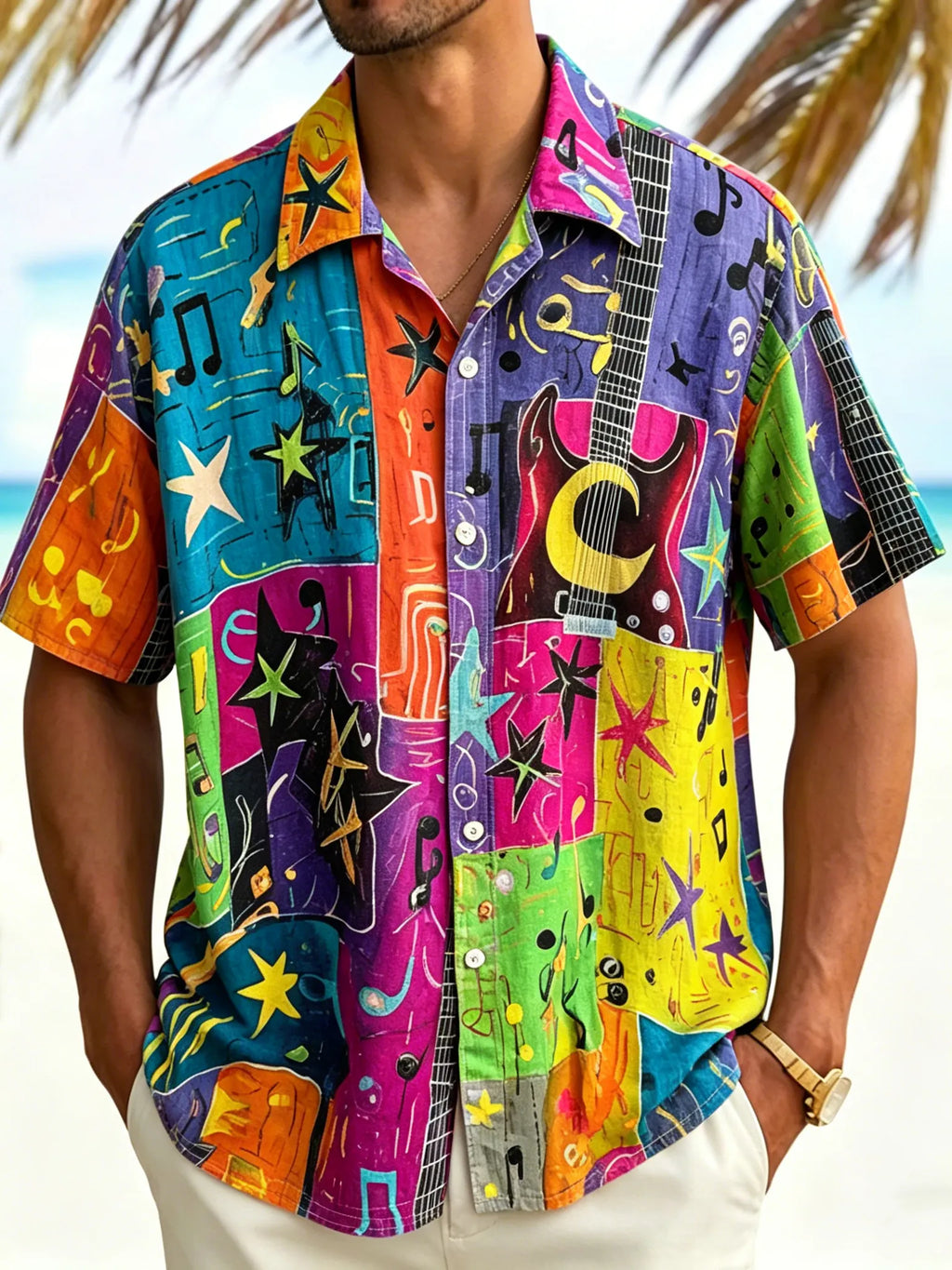 Men's Retro Hippie Guitar Graffiti Art Pattern Casual Shirt