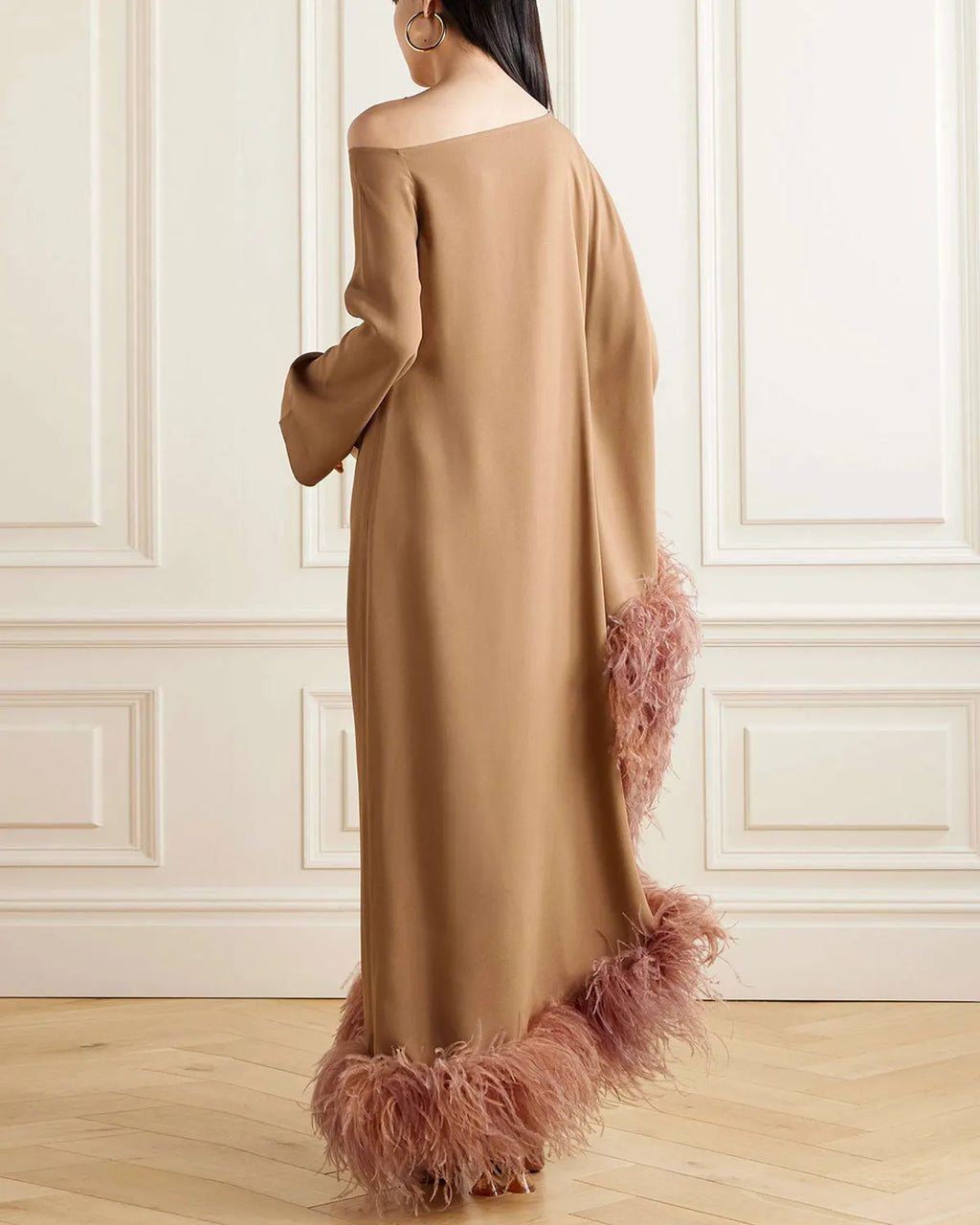 Feather-Trimmed Crepe Midi Dress