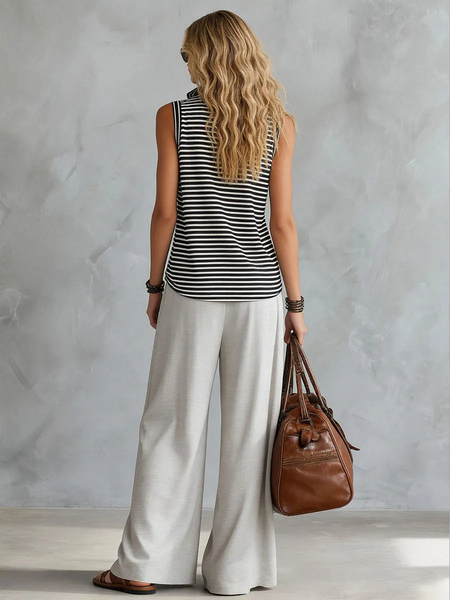Casual Sporty Retro Half-Zip Black and White Striped Sleeveless Top