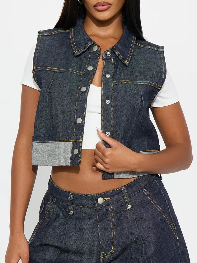 Casual Plain Shawl Collar Soft Tencel Denim Vest