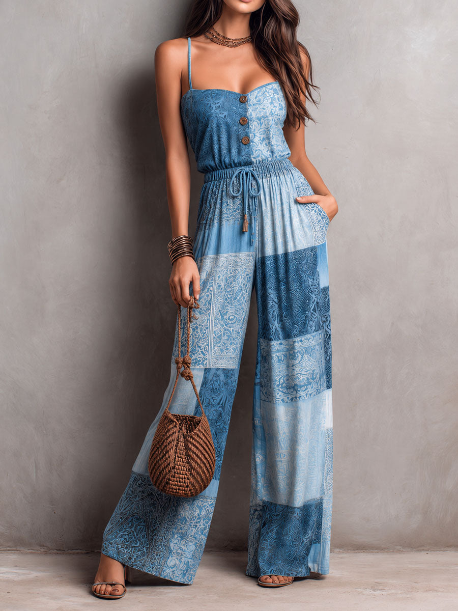 Boho Blue Patchwork Print Strap Wide-Leg Jumpsuit