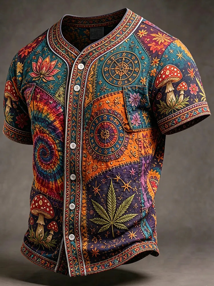 Men's Retro Ethnic Mushroom And Lotus Print Short-sleeve Cotton Linen Shirt