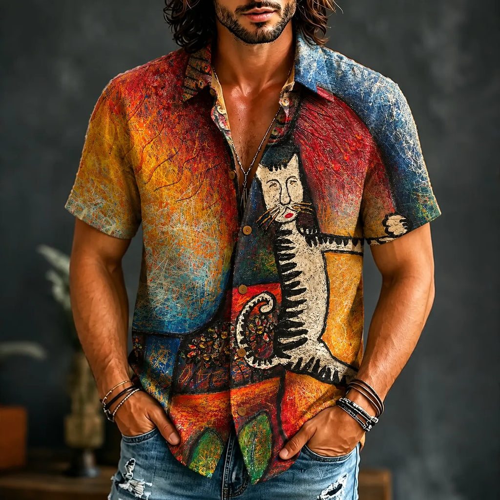 Men's Retro Hippie Cute Cat Gradient Pattern Print Short-sleeve Shirt