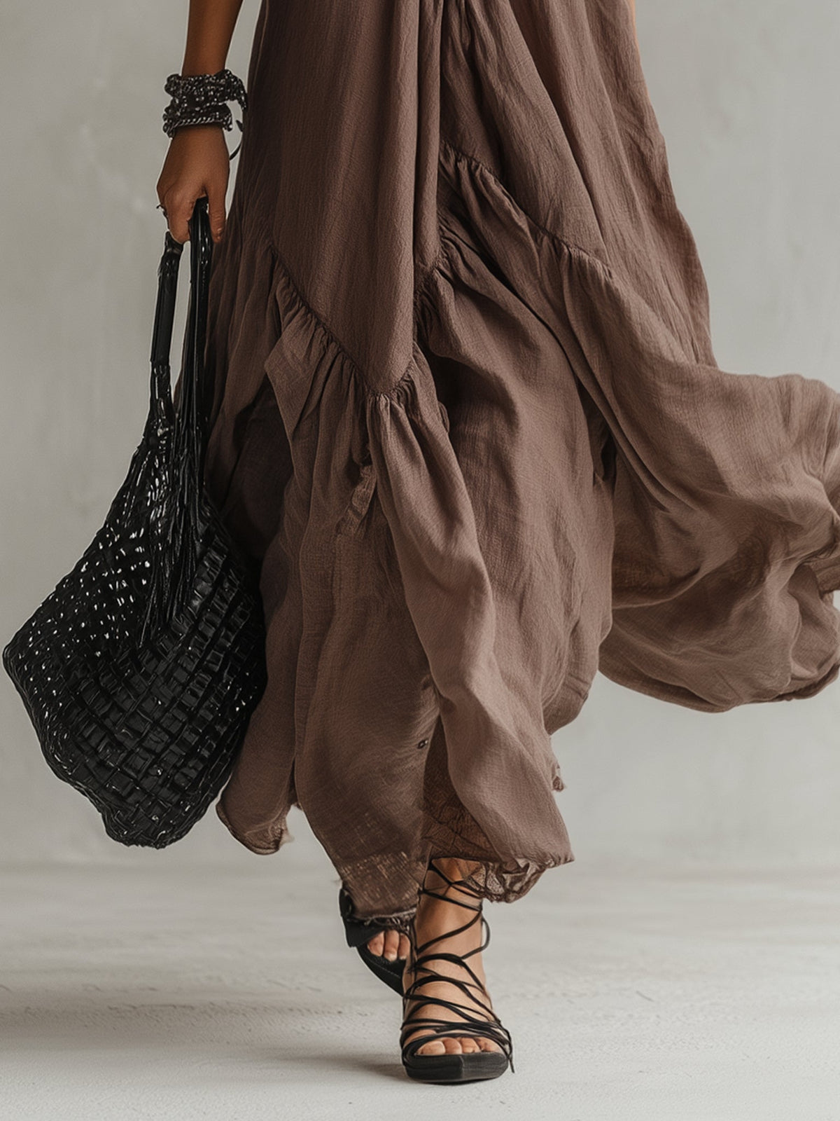 Taupe Linen Short Sleeve Maxi Dress
