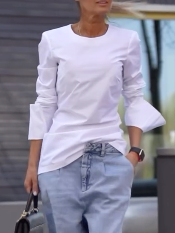 Long Sleeves Loose Solid Color Round-Neck T-Shirts Tops