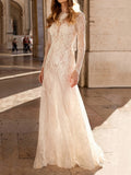 Stylish Round-Neck See-Through Lace Empire White Wedding Maxi Dress