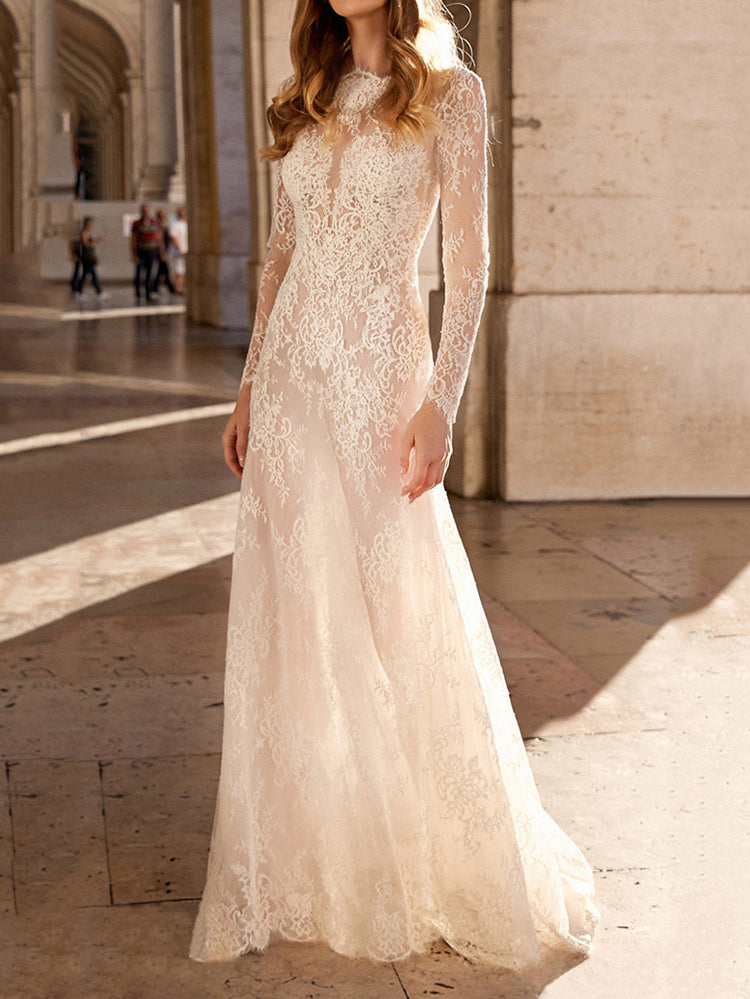 Stylish Round-Neck See-Through Lace Empire White Wedding Maxi Dress