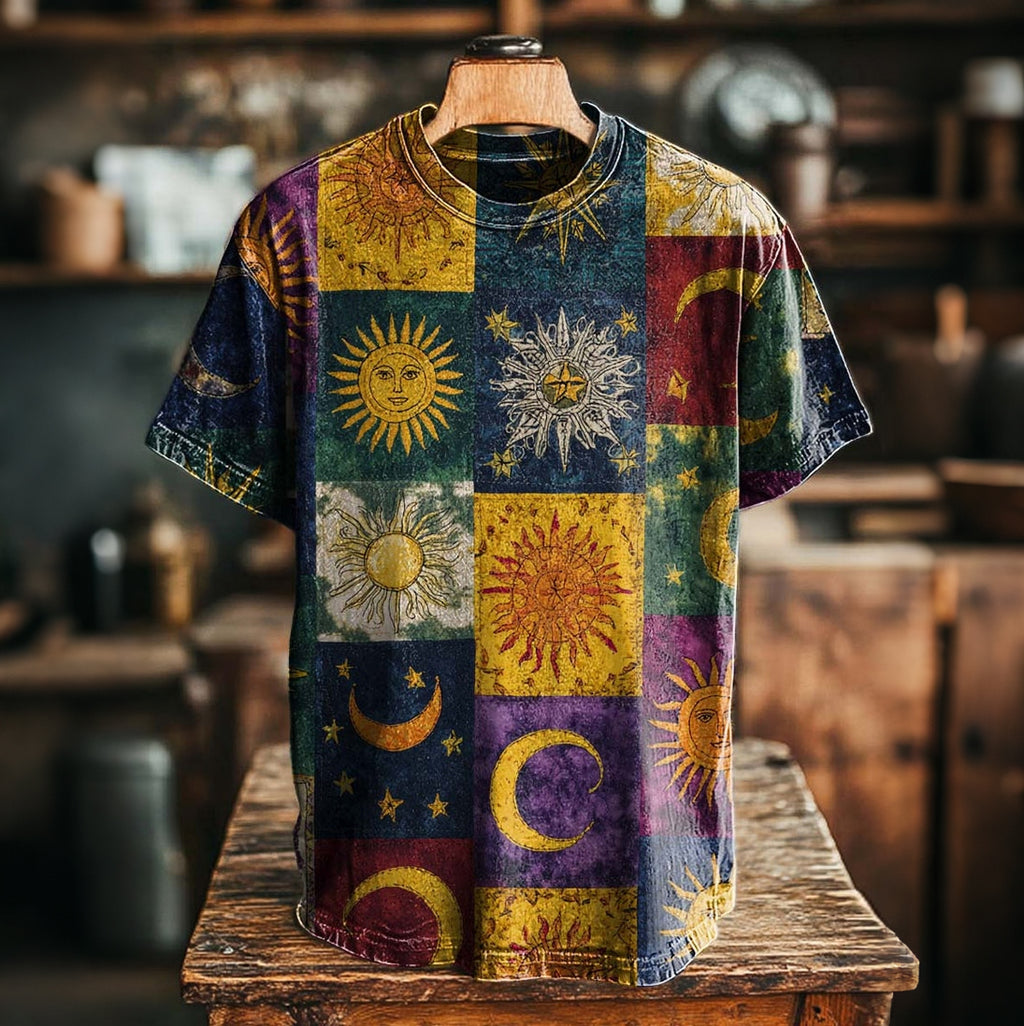 Men's Hippie Sun And Moon Color-block Casual Retro T-shirt