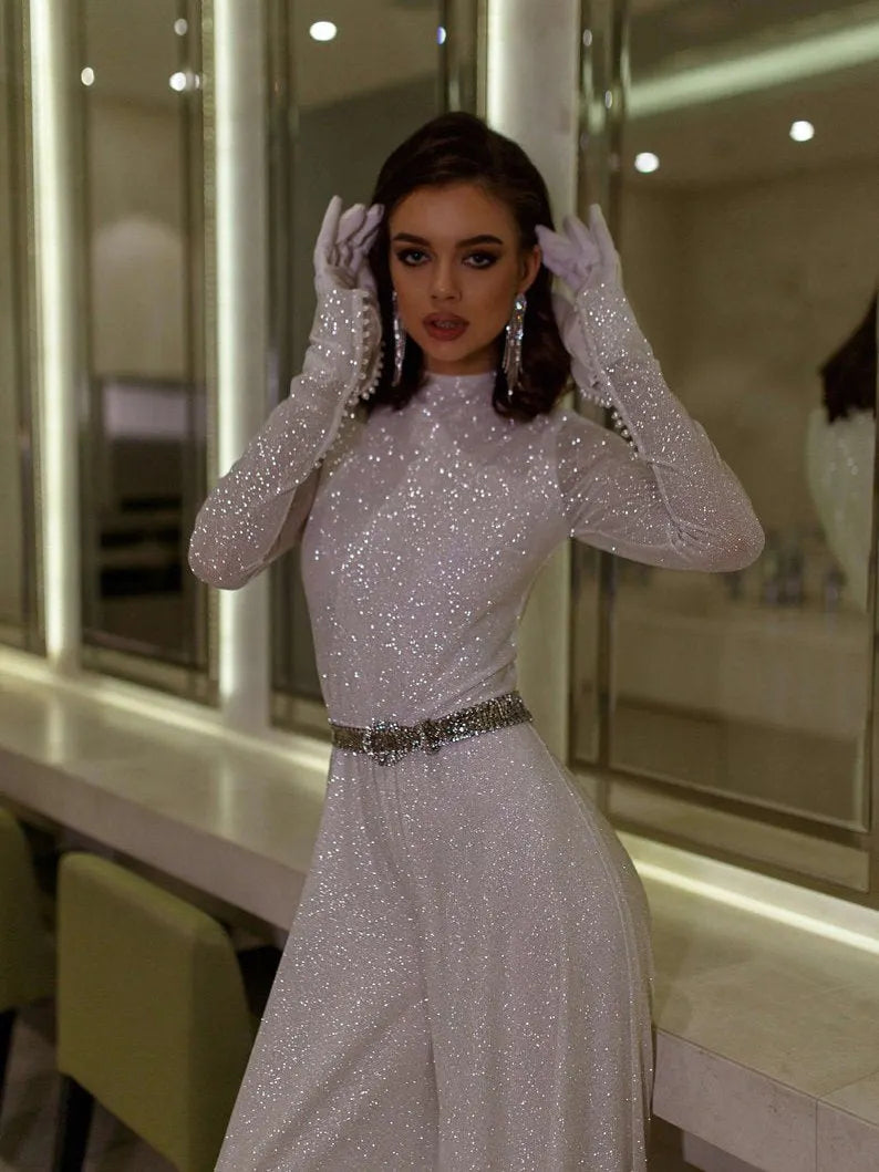Neosepa-Shimmering Sequin Round neck Wide Leg Graceful Wedding Jumpsuit (Without Gloves)