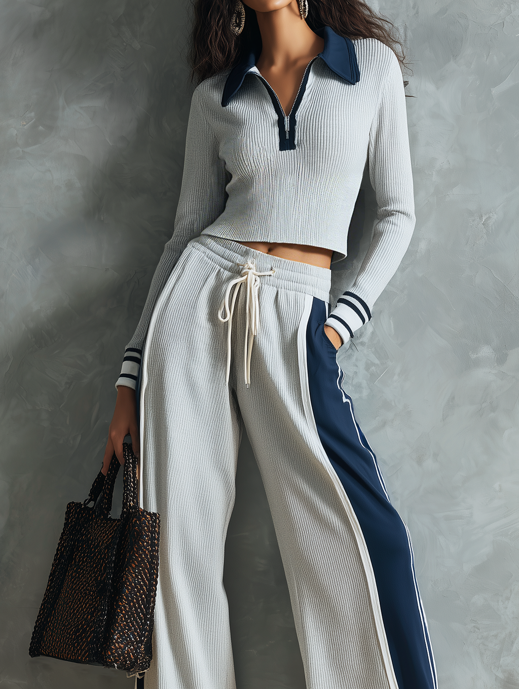 Women's Casual Blue-grey Ribbed Stretch Knit Long-sleeve Top Paired With Trousers MDZ2418G6LXY