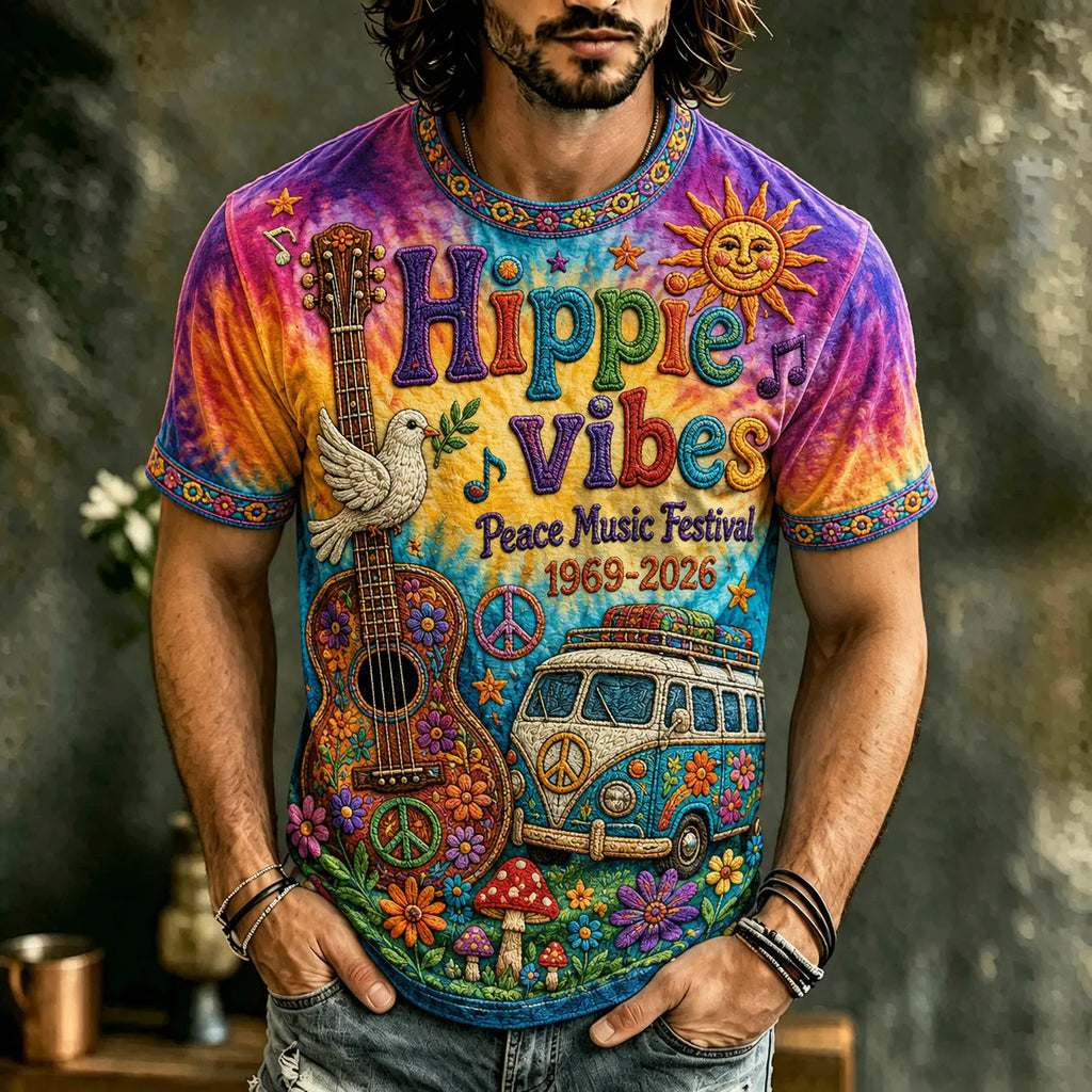 Men's Vintage 60s Music  Hippie Vibes Art Hippie Crew Neck T-shirt