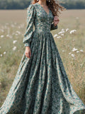 Maxi Linen Dress, Long Sleeves, V Neck, Floral, Button Design, Vintage, Green