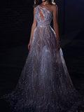 Sexy Asymmetric Hollow See-Through Lace One-Shoulder Maxi Dresses