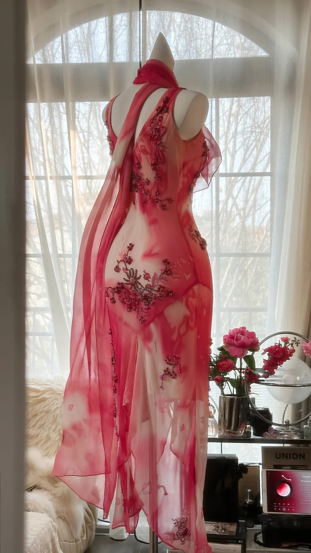 Pink Gorgeous Elegant Romantic Exquisite Beaded Blooming Long Chiffon Ball Gown Evening Dress Birthday/Wedding Guest Party Dress 4018