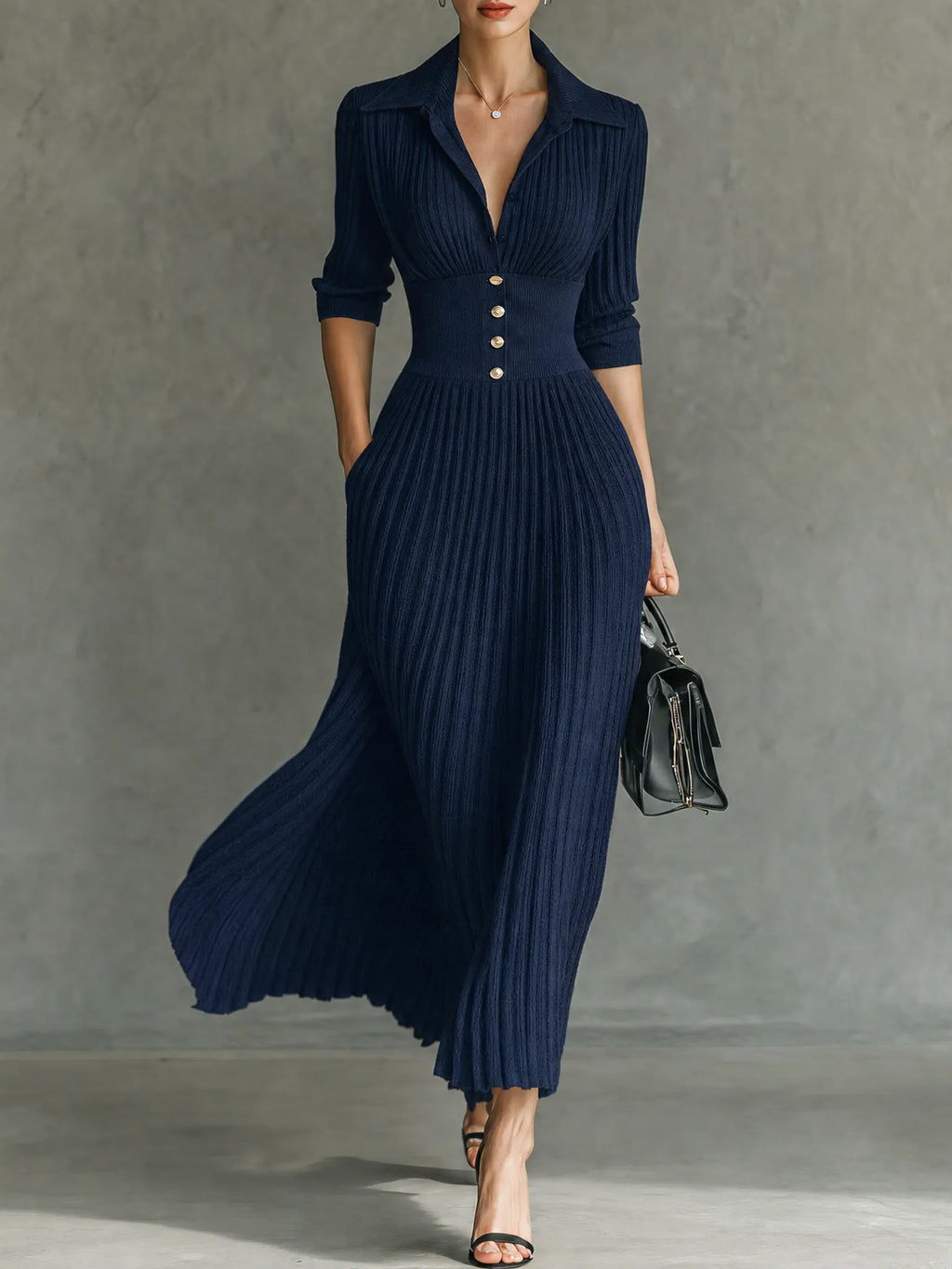 Women's Elegant Button-Front Collared Pleated Knit Dress MDZ0607H5WY