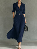 Women's Elegant Button-Front Collared Pleated Knit Dress MDZ0607H5WY