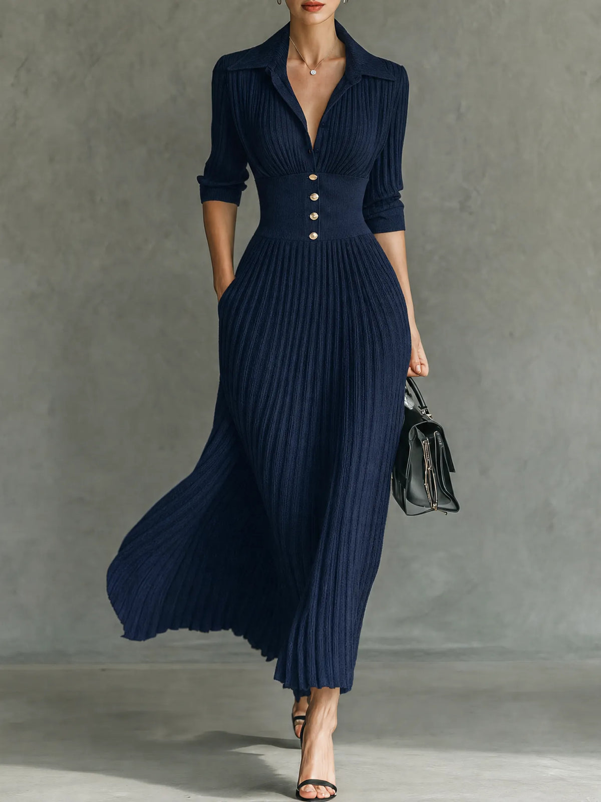 Women's Elegant Button-Front Collared Pleated Knit Dress MDZ0607H5WY