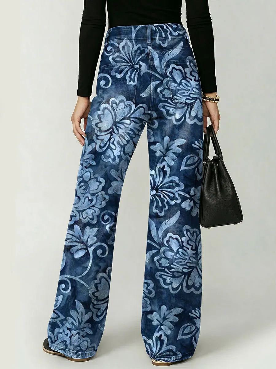 Retro Floral Decorative Pattern Women's Denim Pants