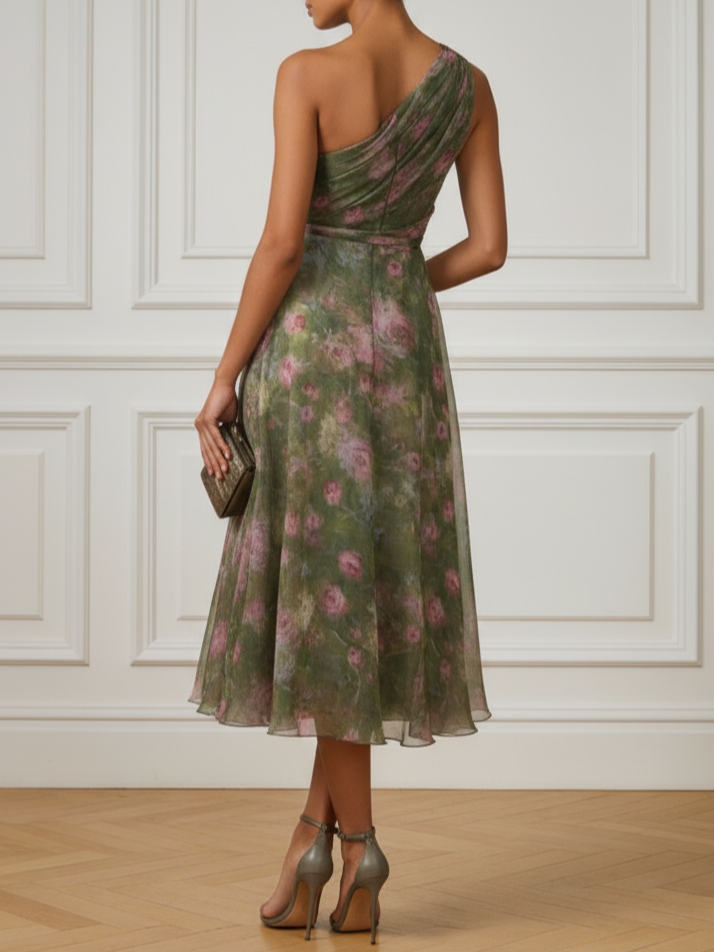 Green Floral Ruched Chiffon One Shoulder Sleeveless A-Line Midi Dress