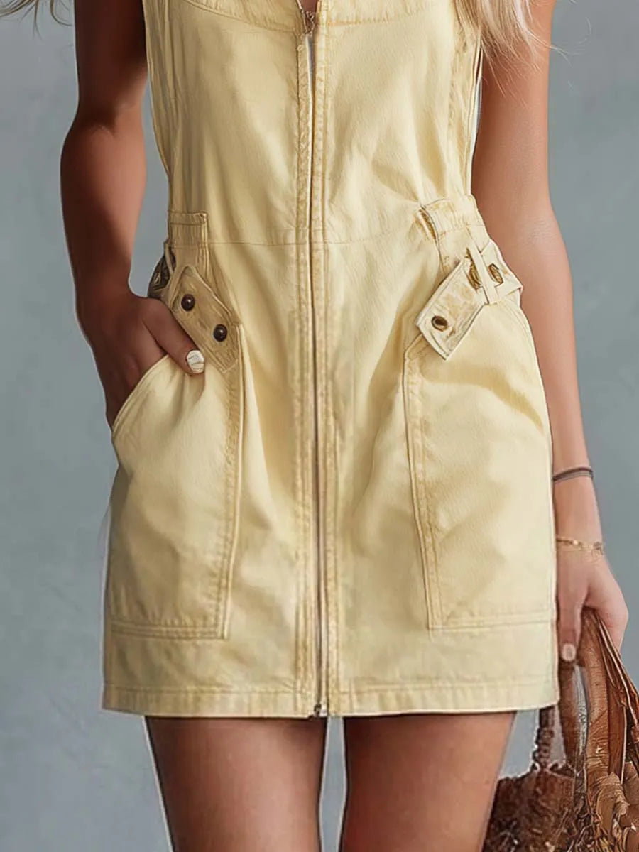 Casual Retro Square Neck Front Zipper Light Yellow Denim Mini Dress