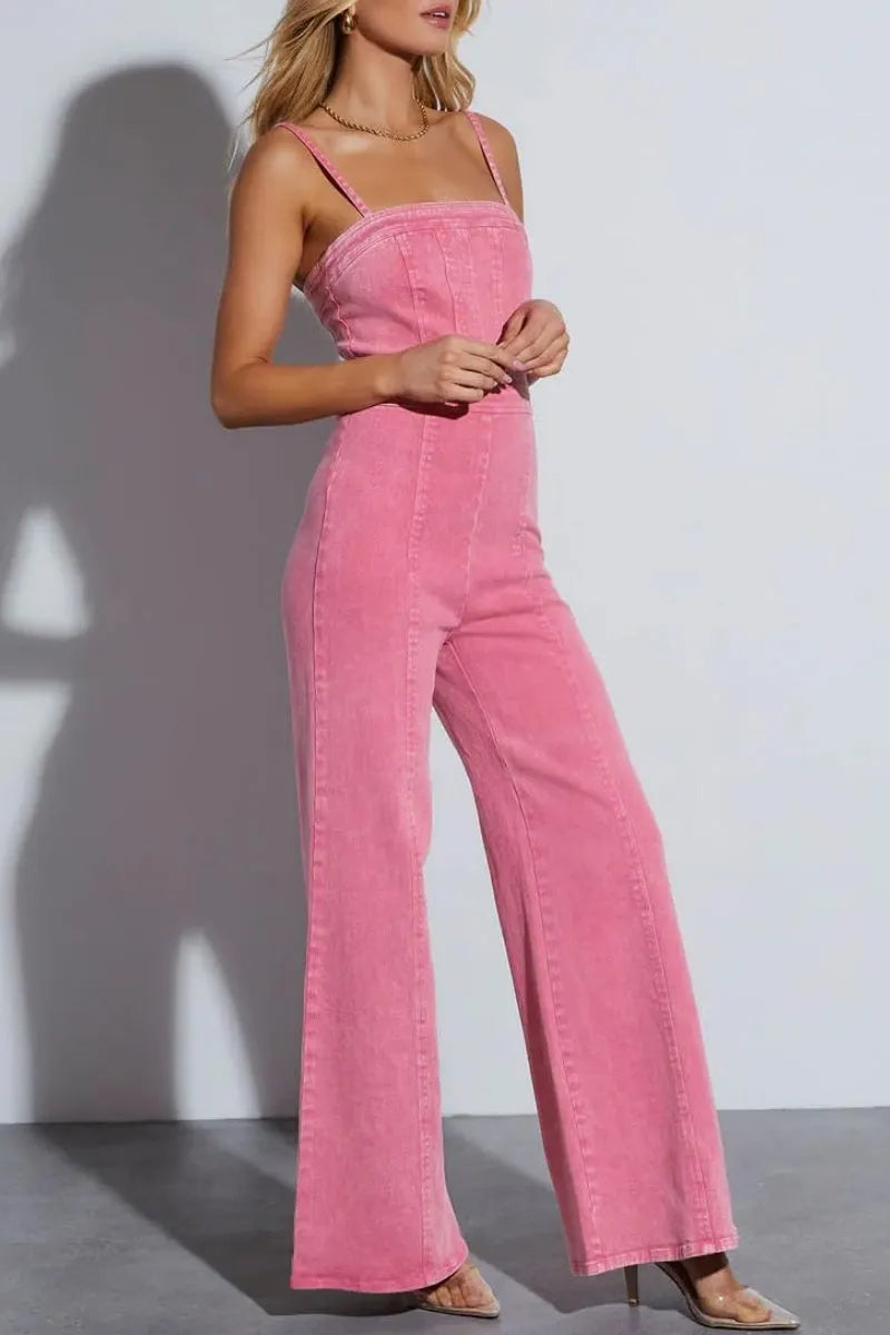 Women's Vintage Distressed Adjustable Strap Denim Overalls Stretchy Sleeveless Jumpsuit Jeans Pants