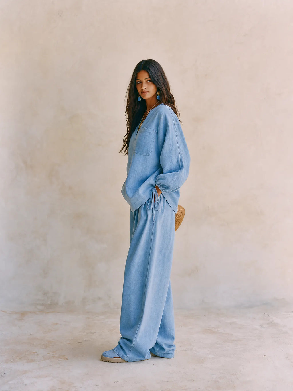 Women's Denim Two-Piece Set - V-Neck Tie-Sleeve Top & Wide Leg Pants