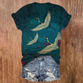 Women's Japanese Style Crane Art Print V-neck T-shirt