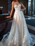 Wedding One-Shoulder Asymmetric See-Through Jacquard White Maxi Dresses