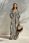 Women's Black and White Striped Wrap-Front Jumpsuit