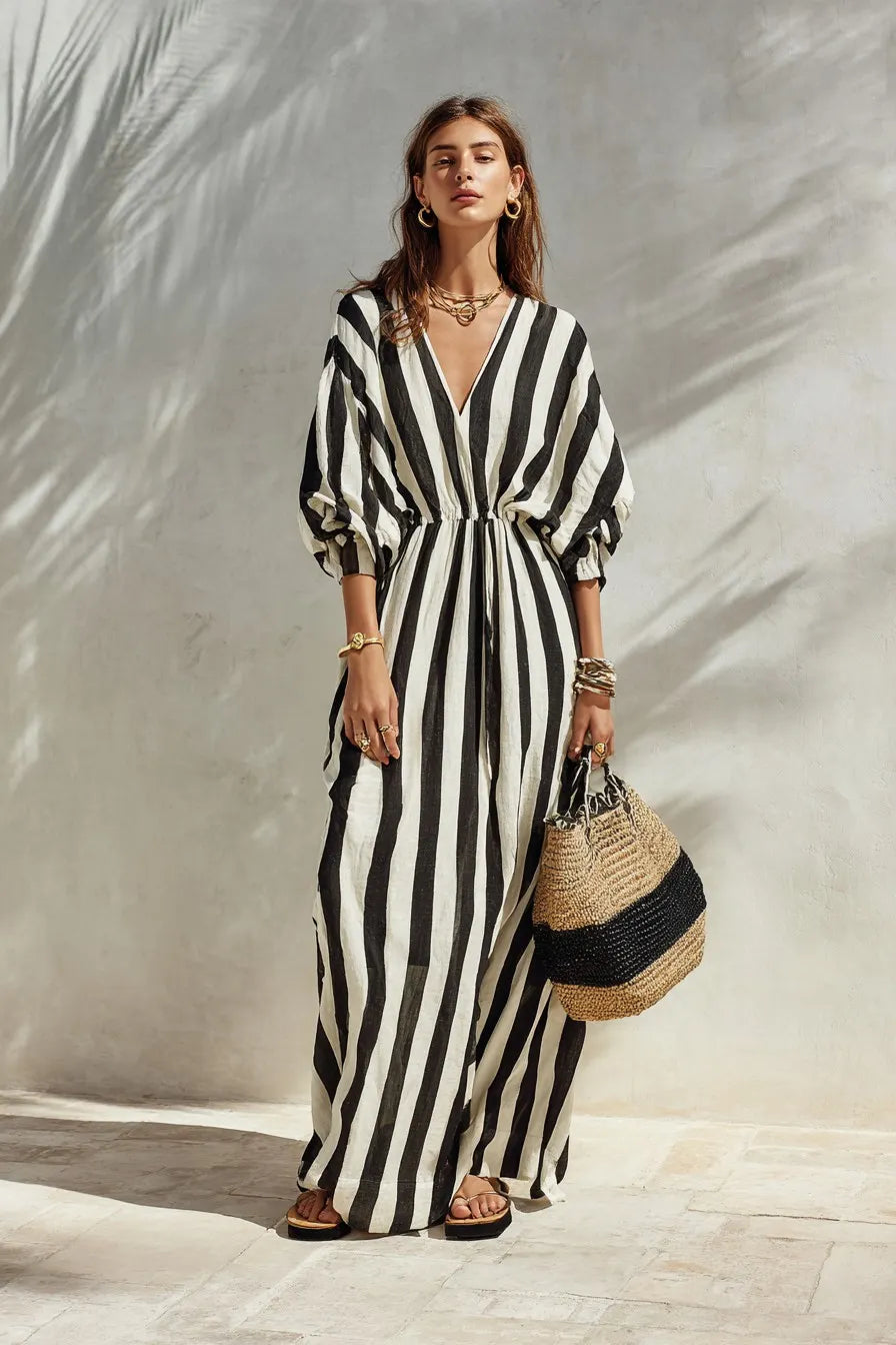 Women's Black and White Striped Wrap-Front Jumpsuit