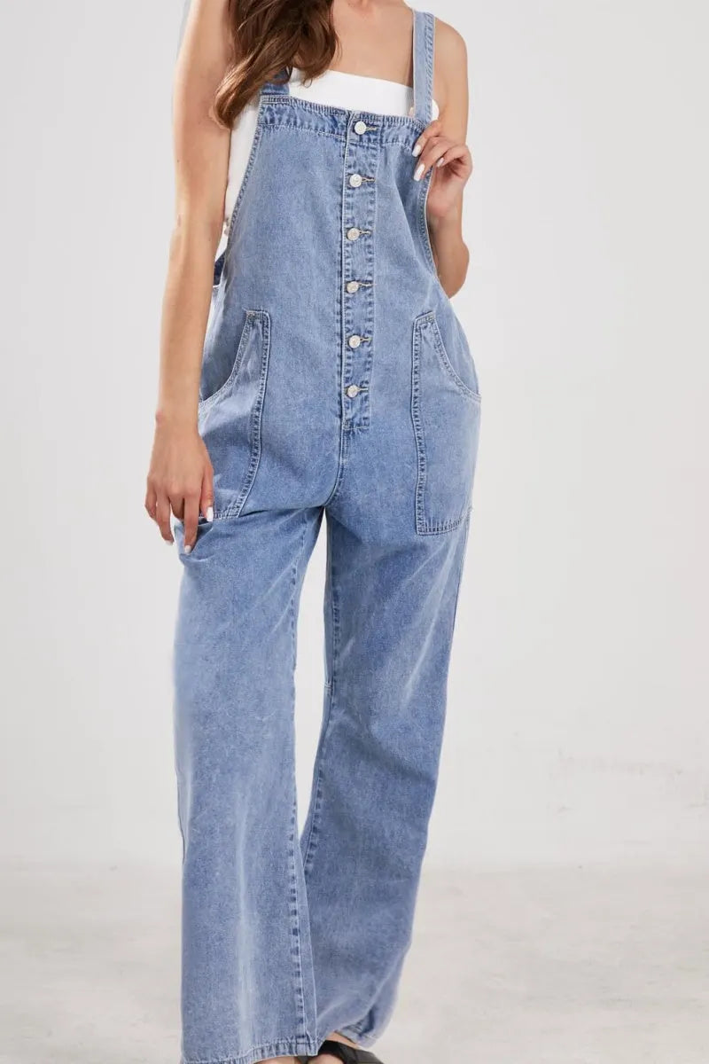 Casual Denim Jumpsuit for Women Overalls Wide Leg Jumpsuit Jeans Denim Bib Overalls Dungaree Pockets