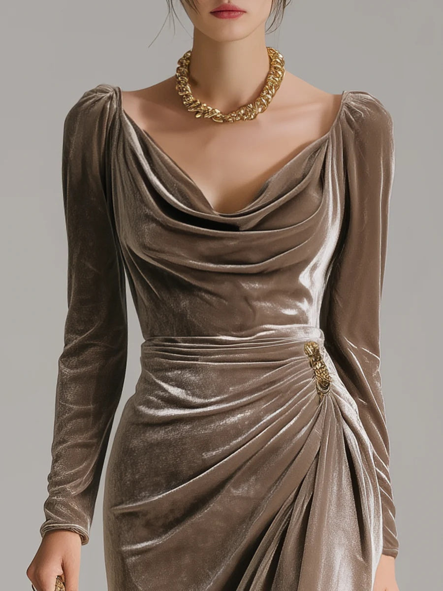 Elegant Pile Collar Velvet Midi Dress