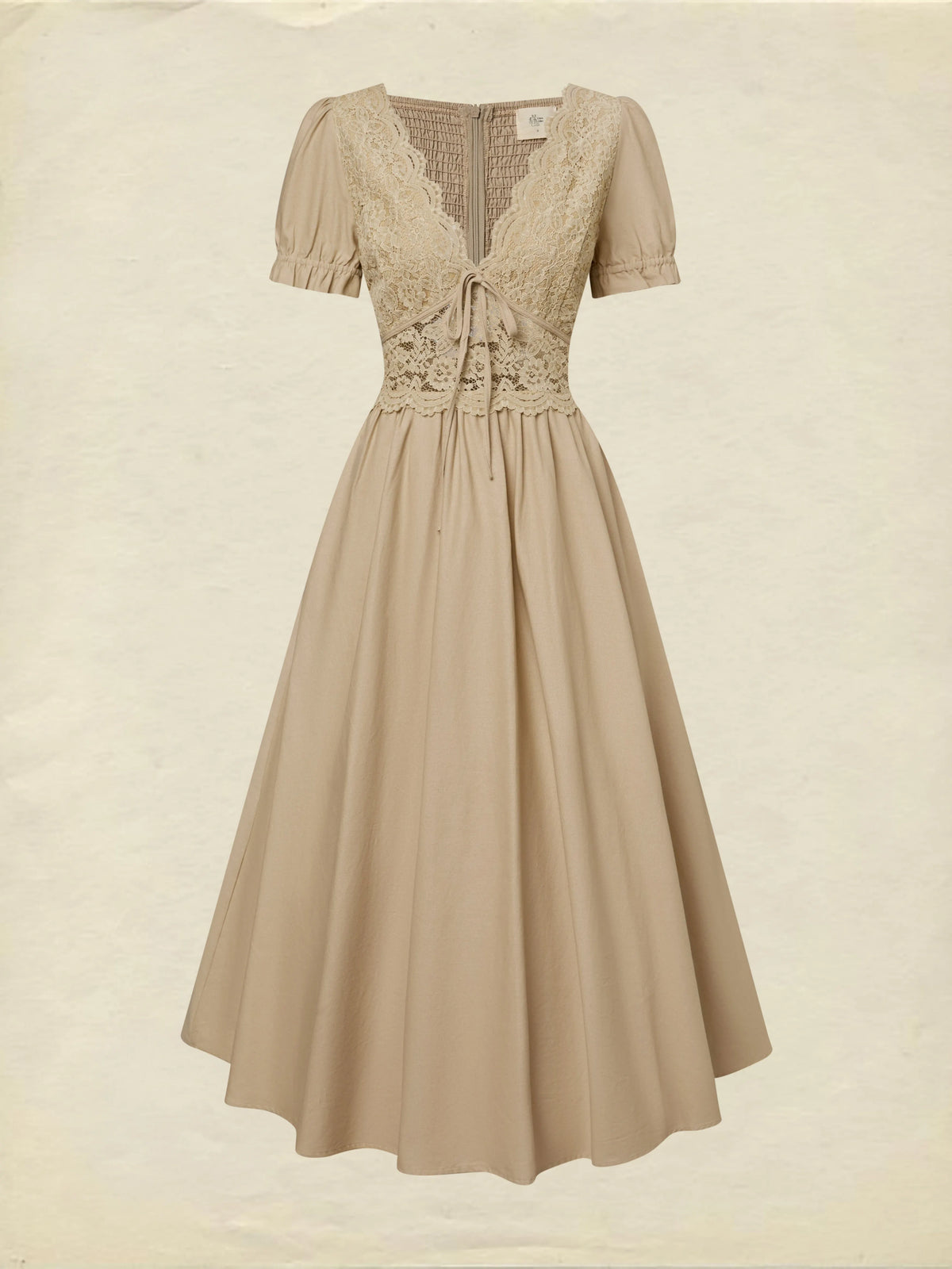 Maxi Cotton Dress, Short Sleeves, V Neck, Plain, Lace, French Vintage, Brown