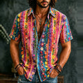 Men's Retro Hippie Floral Colorful Stripes Art Pattern Casual Washed Shirt