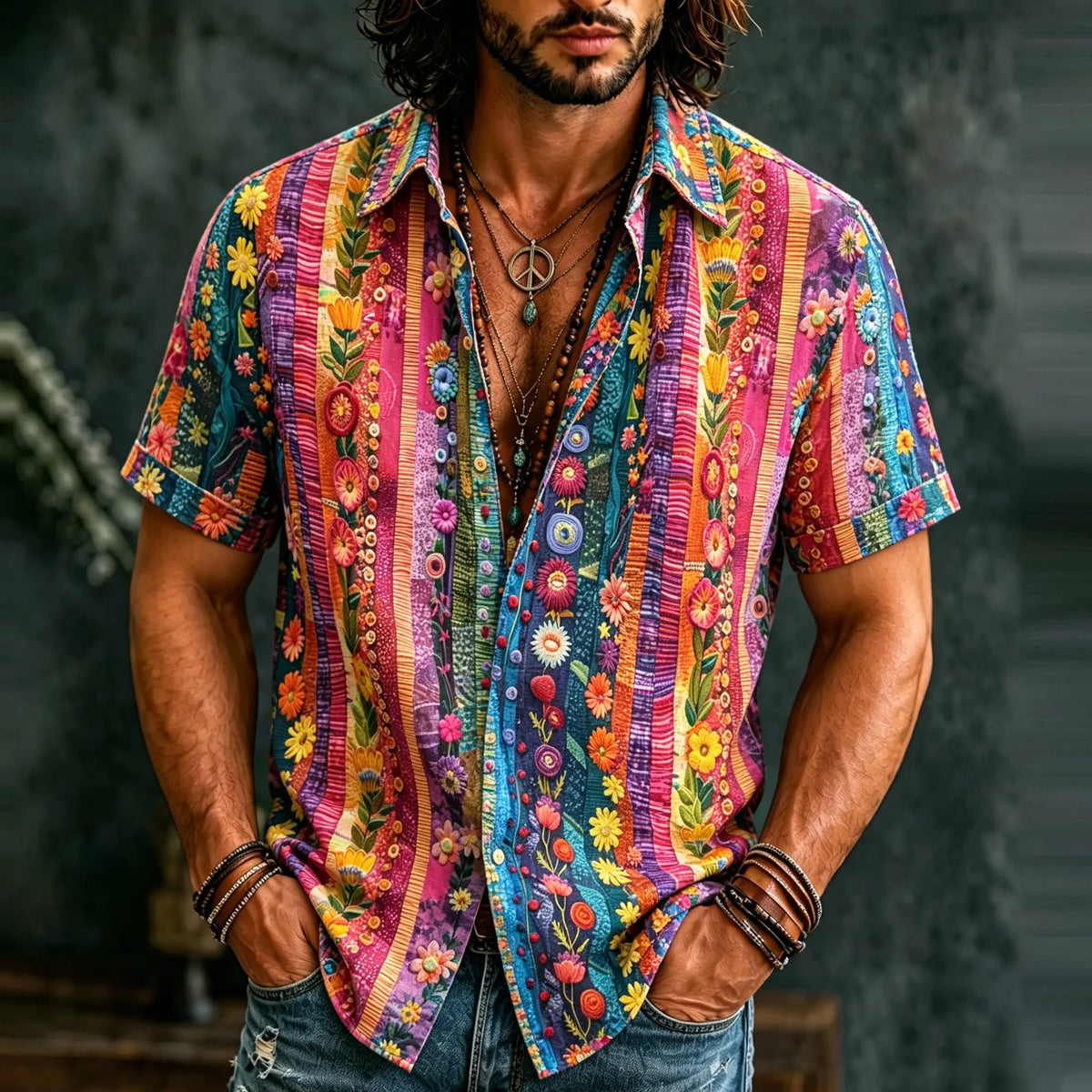 Men's Retro Hippie Floral Colorful Stripes Art Pattern Casual Washed Shirt