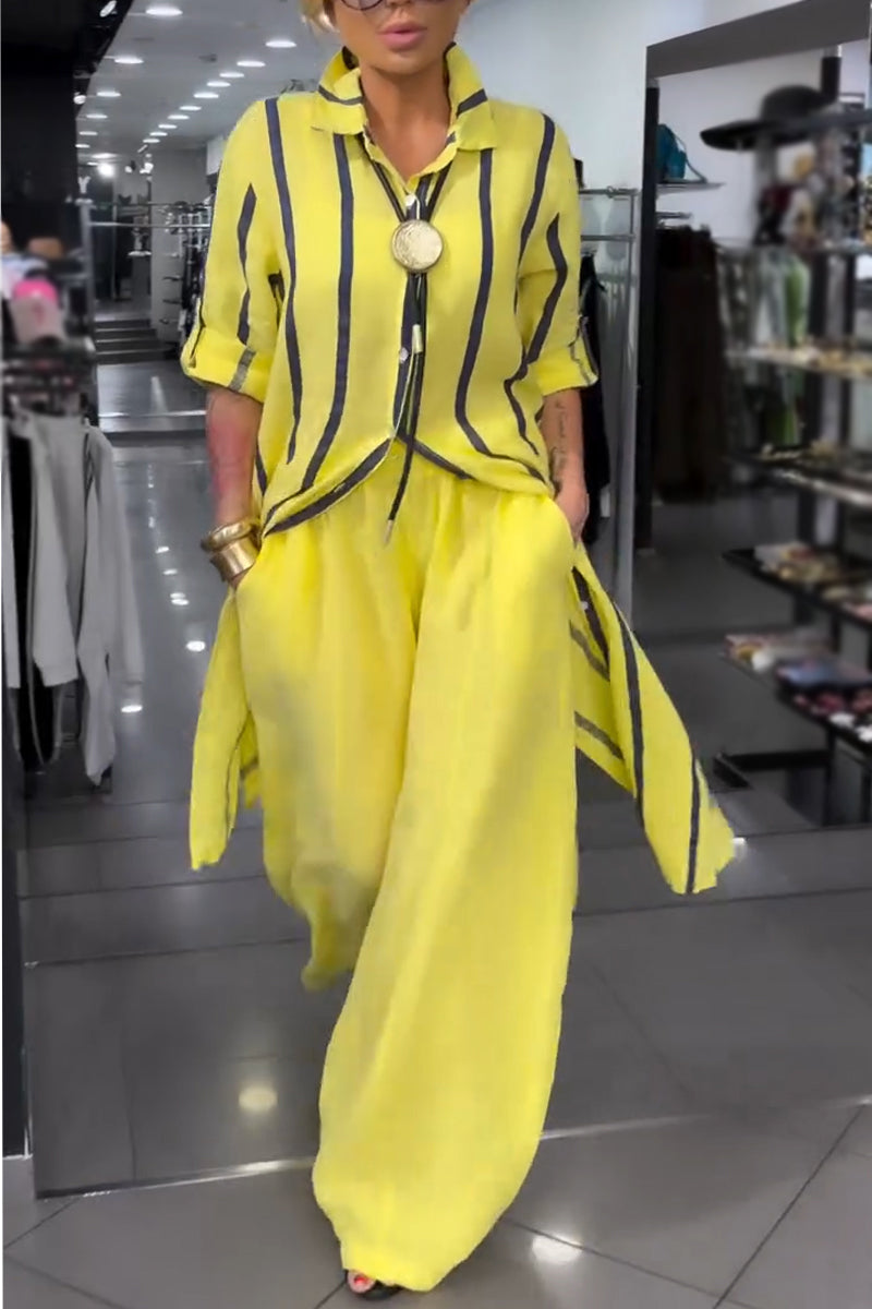 Women Collar Vertical Stripe Long Top+ Wide Leg Pants Loose Casual Cotton and Linen Set