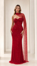 Sequined Beaded Sweetheart Evening Gown with Asymmetric Cape Drape