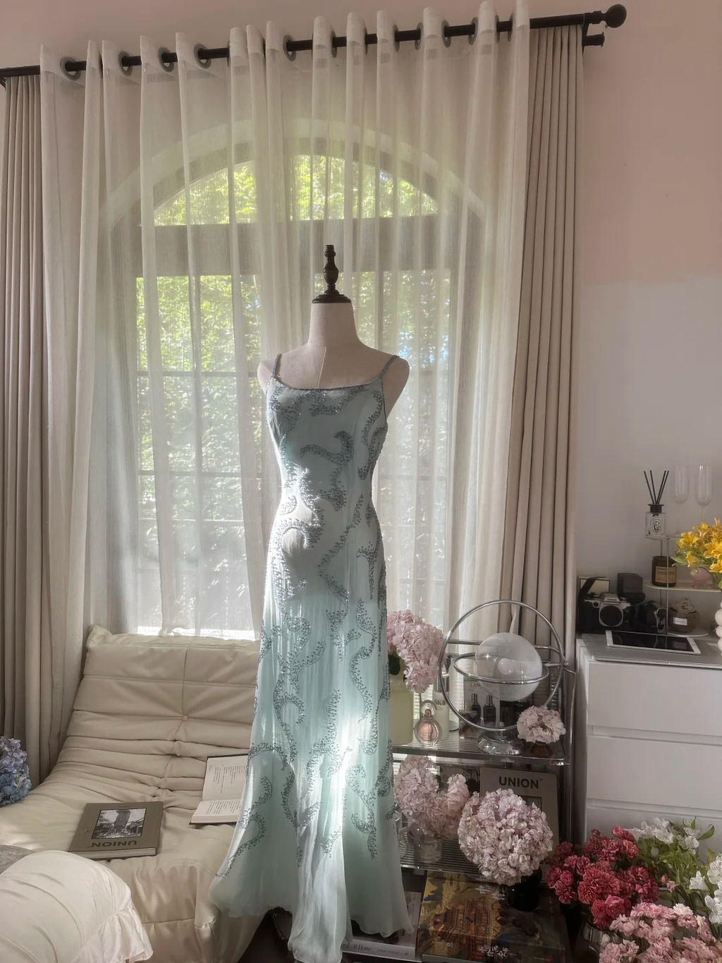Lit Blue Gorgeous Sparkling Fashion Elegant Exquisite Beaded Long Chiffon Fairy Ball Gown Evening Dress Birthday/Wedding Guest/Vacation Party Dress Prom Dress Valentine's Day Date Dress 4036