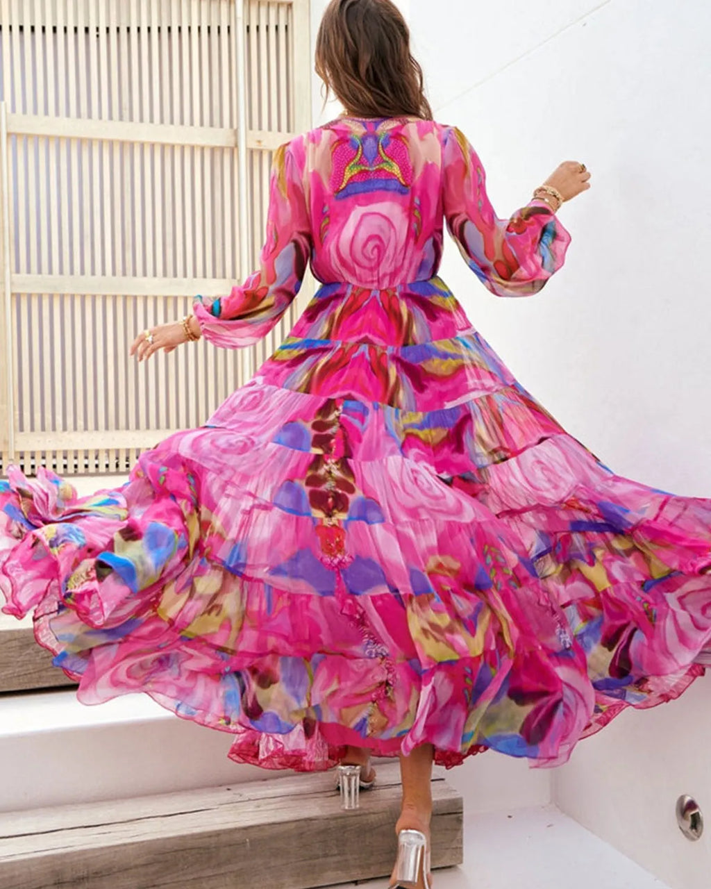 PINK ROSE V NECK SHIRRED MAXI DRESS