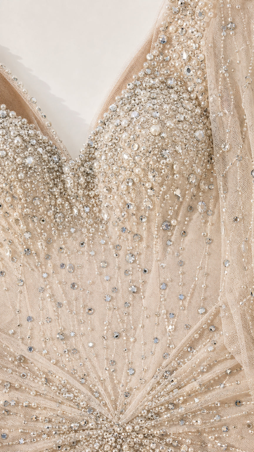 One-Shoulder Beaded Evening Gown with Draped Cape Sleeve