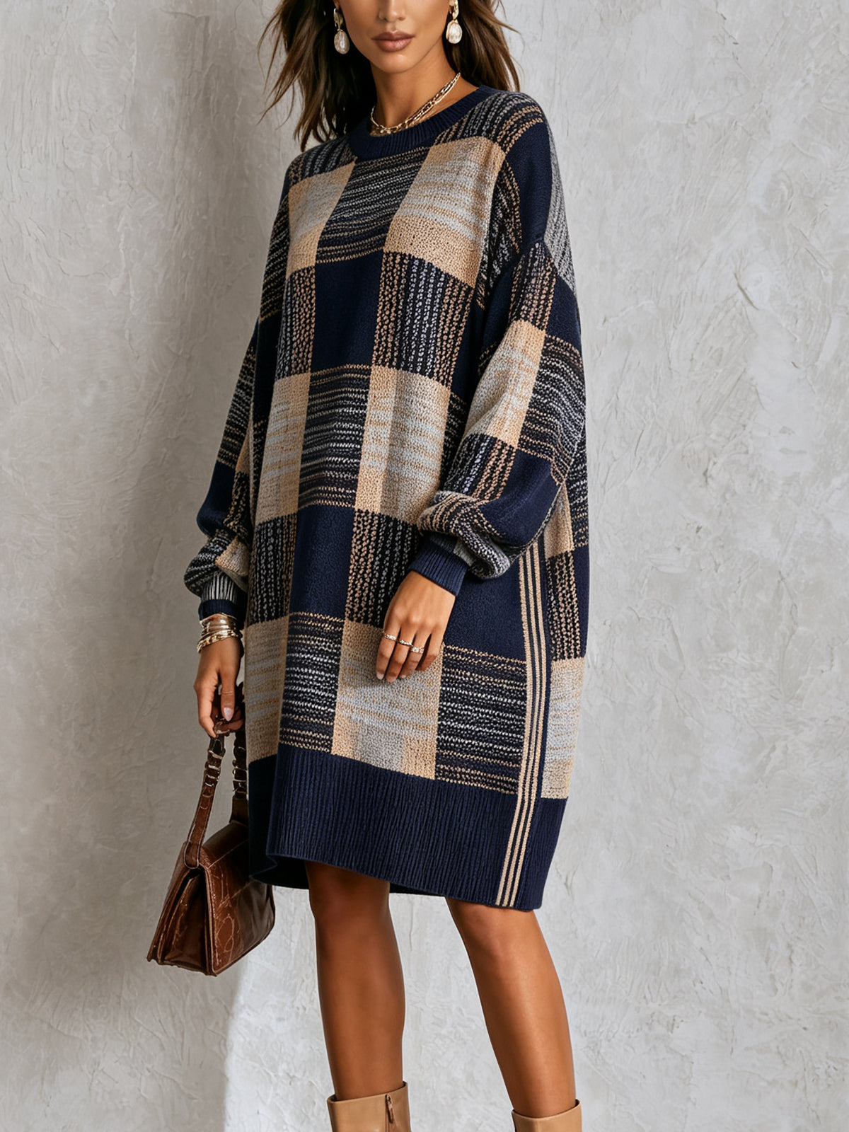 Plaid Oversized Sweater Dress Long Sleeve Crew Neck Knit Mini Dress