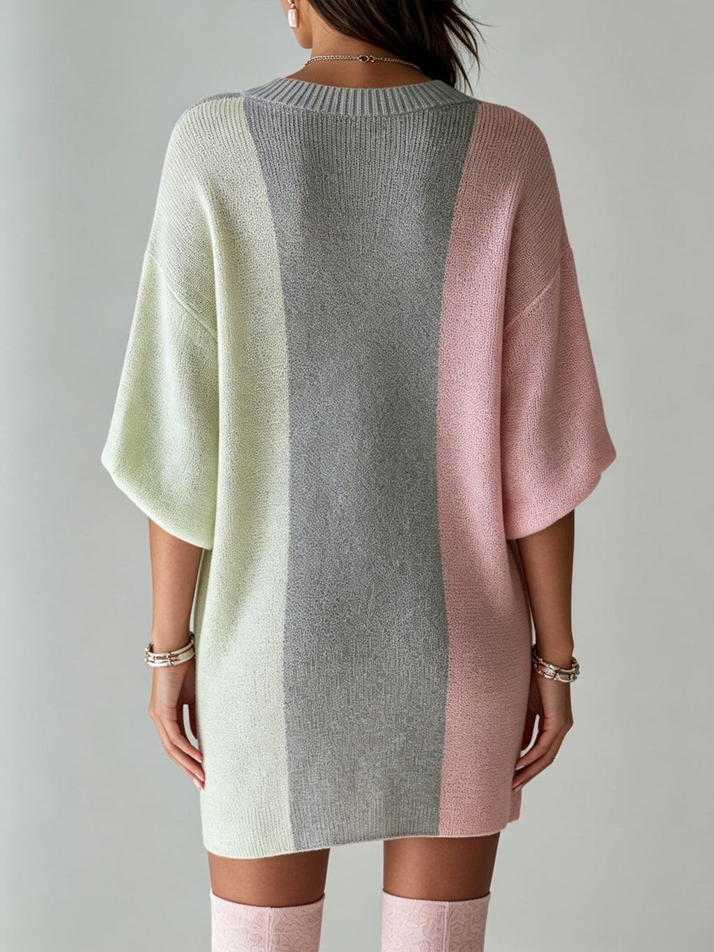 Colorblock Oversized Sweater Dress With Ribbed V-Neck Detail