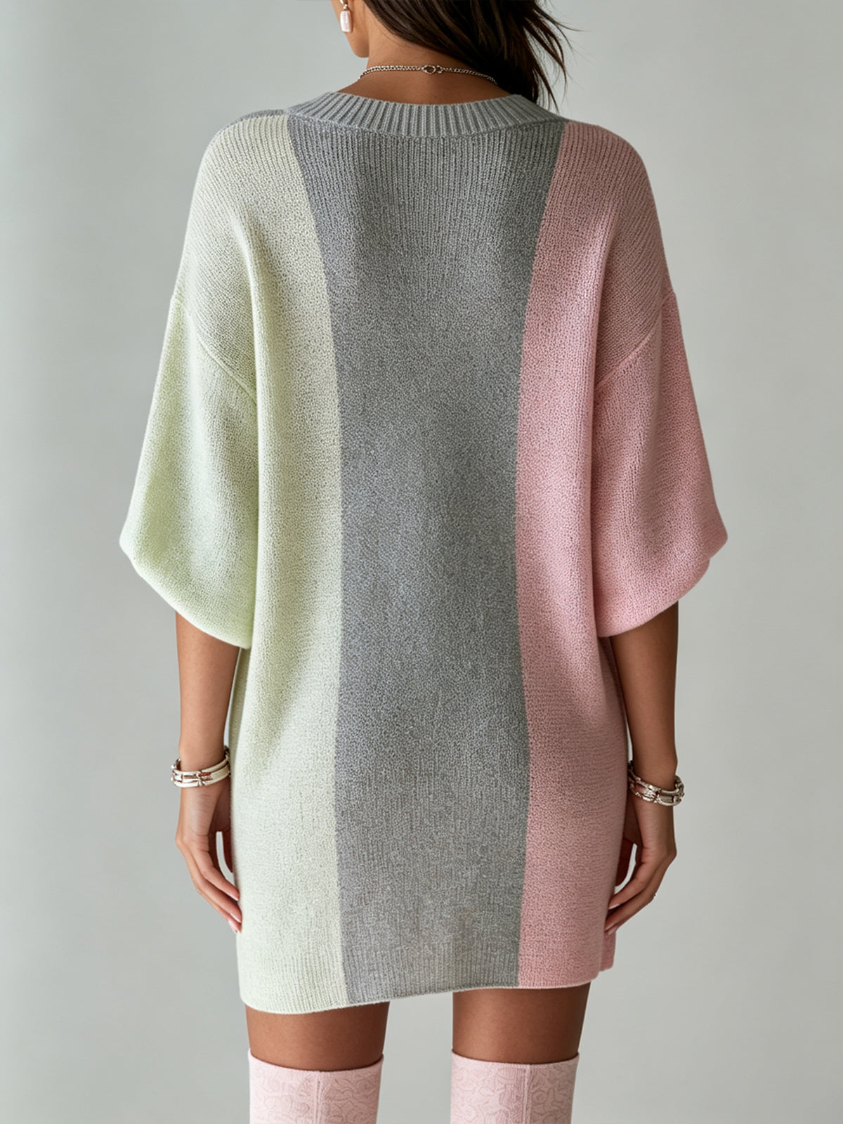 Colorblock Oversized Sweater Dress With Ribbed V-Neck Detail