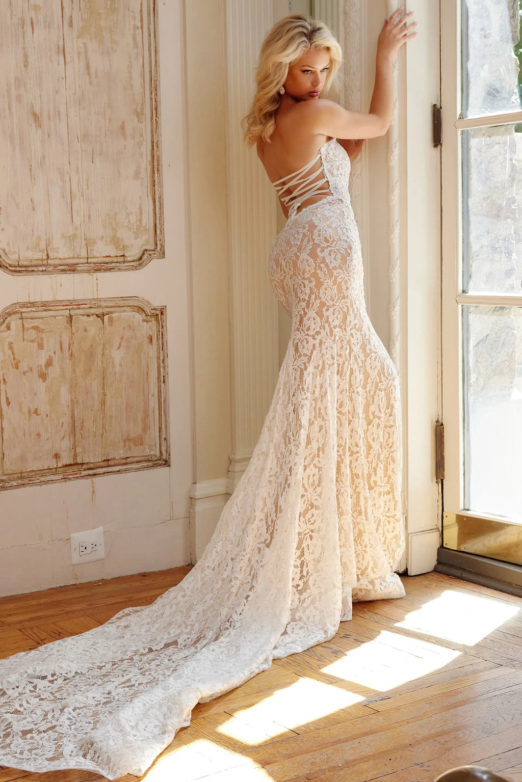 Jovani JB06588 Off white strapless lace wedding gown