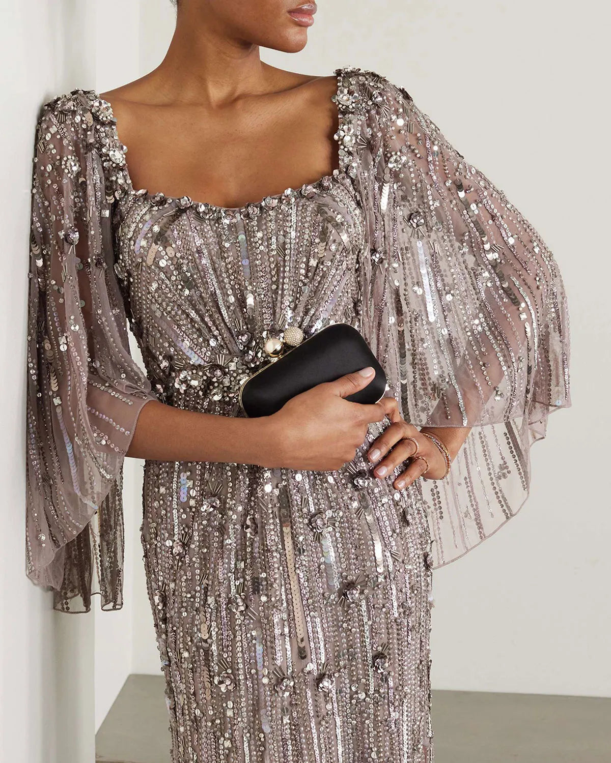 Cape-Effect Embellished Tulle Gown