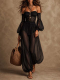 Vintage Black Lace Sheer Mesh Off-Shoulder Jumpsuit