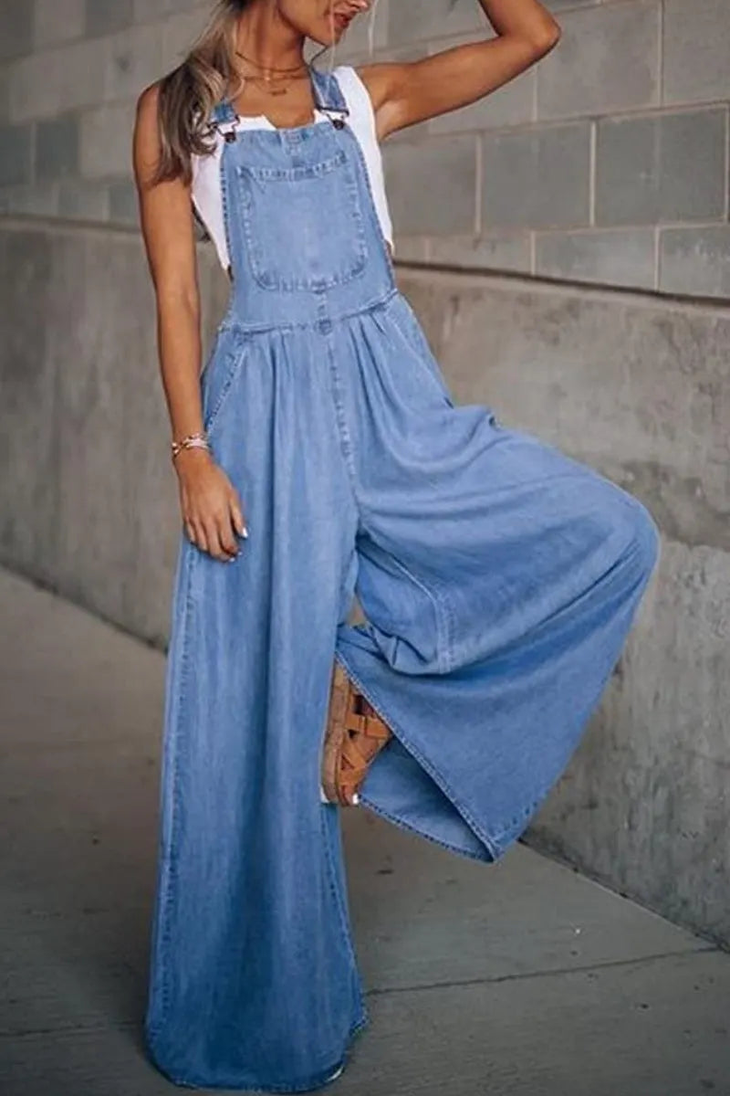 Women's Loose Adjustable Strap Wide Leg Denim Bib Overall Jeans Pants