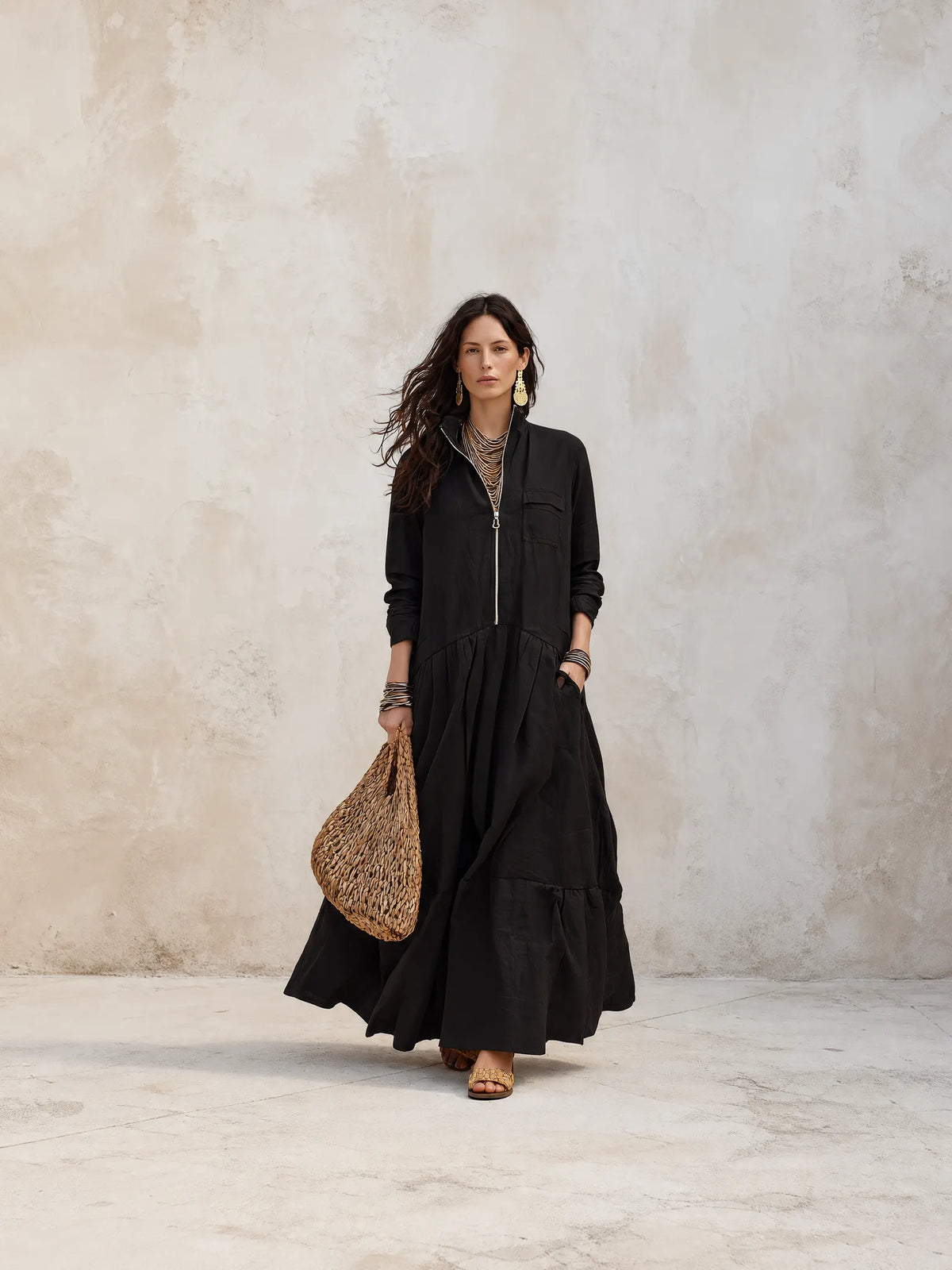 Effortless Boho Linen Zip-Front Tiered Drop-Waist Black Maxi Dress